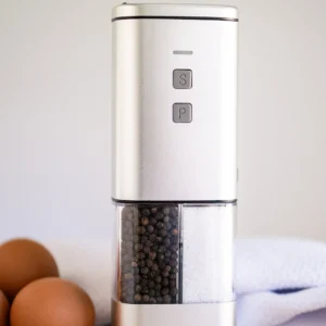 2-in-1 USB Rechargeable Salt and Pepper Grinder – Single Pack Electric Grinder with Adjustable Coarseness, LED Light, and One-Handed Operation – Neutral Color – Premium Kitchen Tool (Warm Gray)